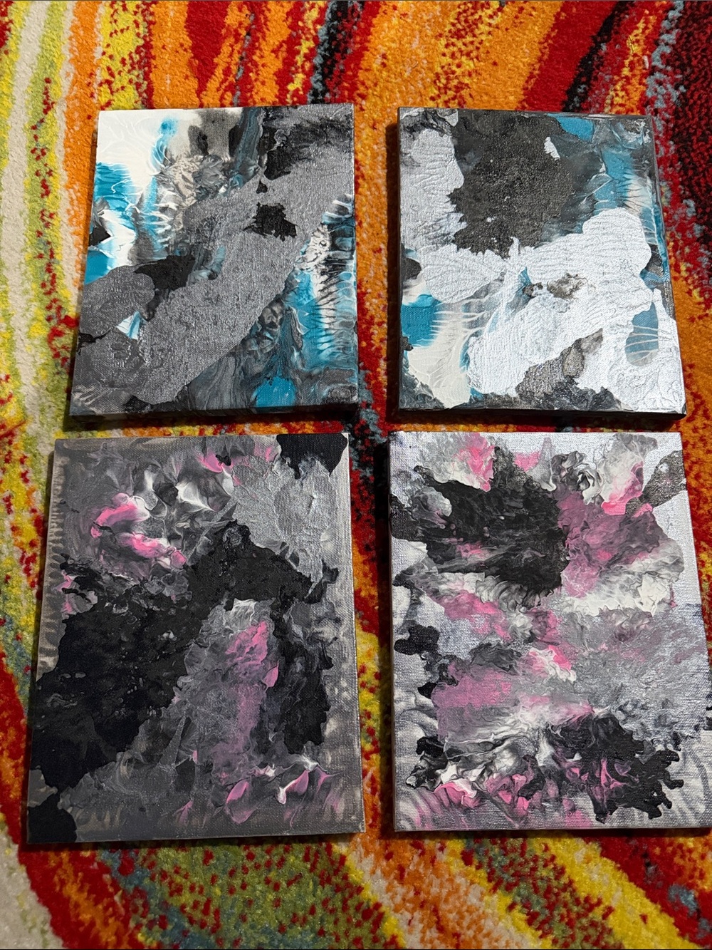 Handmade Abstract Fluid Art Canvas Set in Pink, Blue, Black & Silver - 8x10